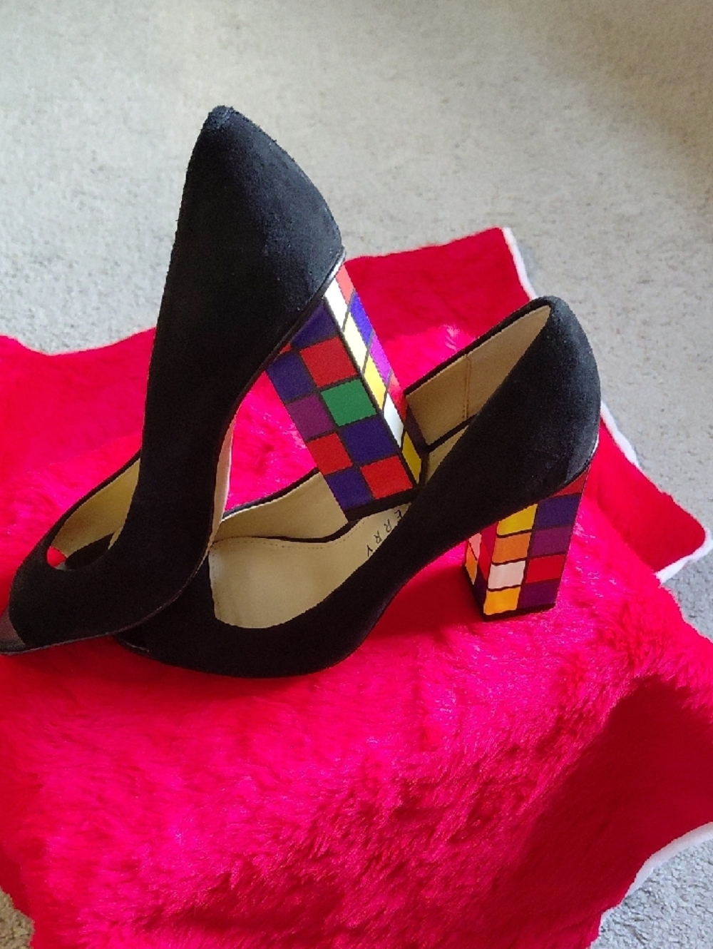 Katy Perry Collections Black Suede Open-Toe Pumps with Multicolor Block Heel